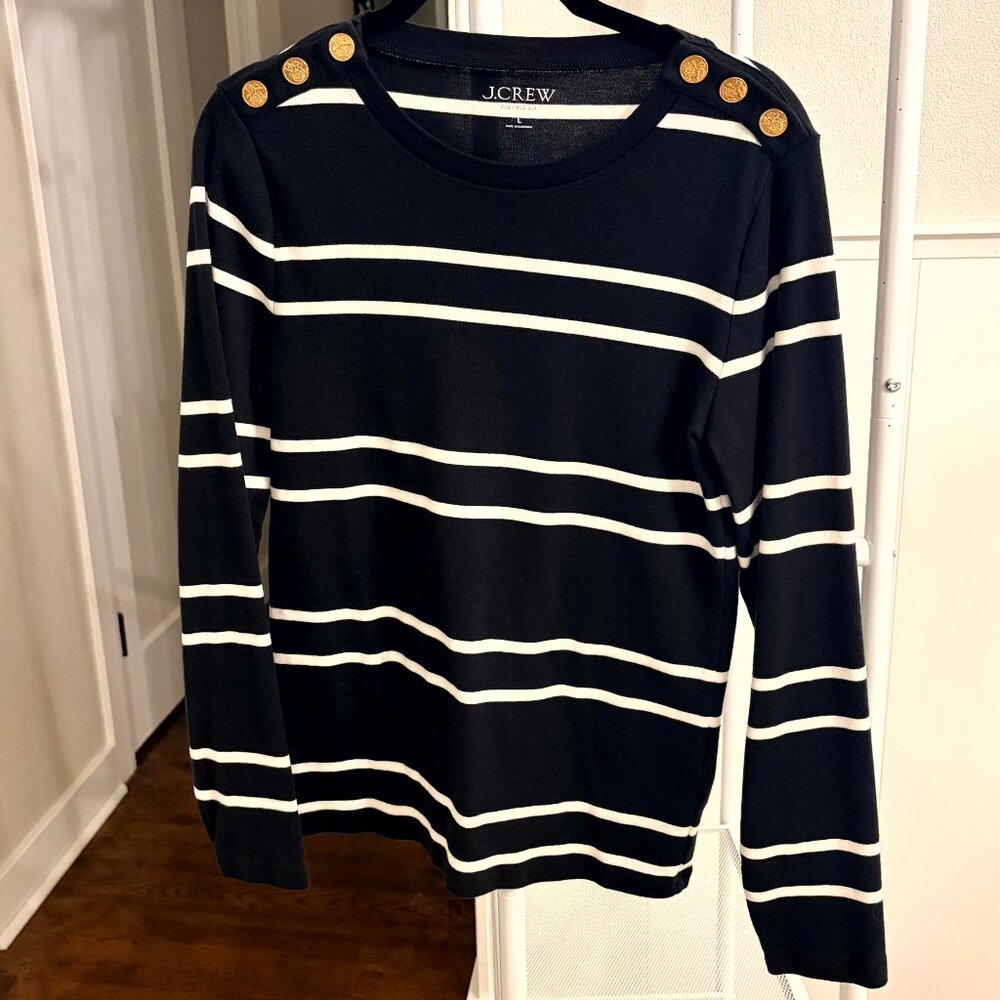 J. Crew Perfect Fit Black Striped Button-Shoulder Long Sleeve Top Size L